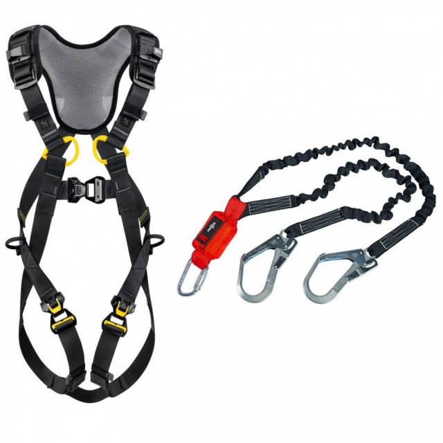 Een bekende valbeveiligingset bestaat uit de Petzl Newton gordel en de 3M Protecta Elastische vallijn met valdemper en stijgerhaken.